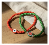 Handmade Red and Teal Green Beaded Bracelets with Candy-like and Watermelon Slice Charms, Teen Jewelry, Novelty Bracelet