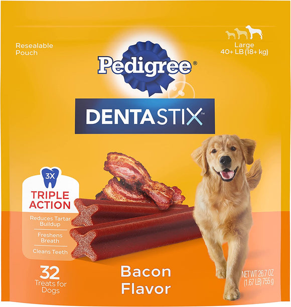 Dentastix 10162391 Bacon Flavor Dental Care Dog Treats for Large Dogs, 32 Count