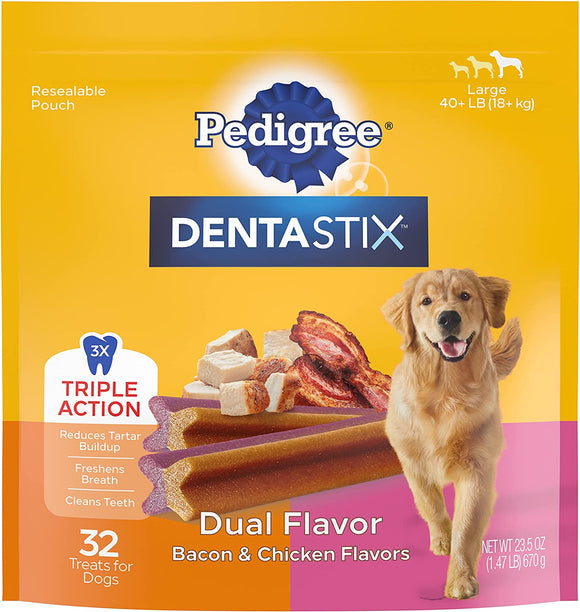 Dentastix 10191162 Bacon & Chicken Flavor Dental Care Large Dog Treats, 32 Count