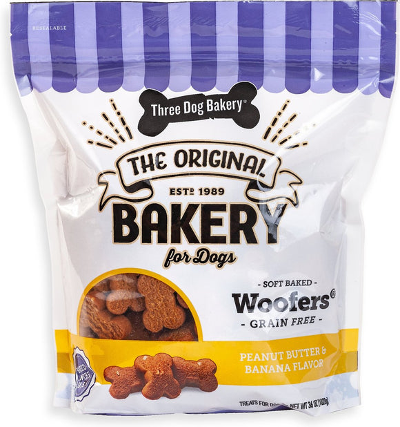 Three Dog Bakery 114038 Woofers Peanut Butter & Banana Flavor Dog Biscuit Treats