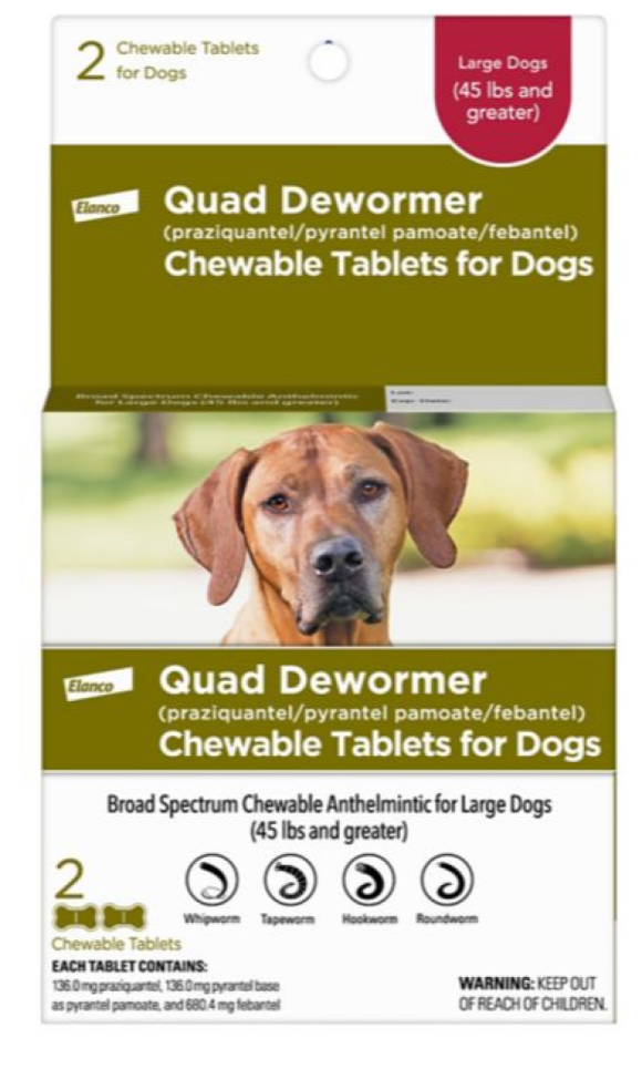 Elanco 85437461 Quad Dewormer Chewable Tablets for Large Dogs, 136 mg