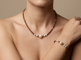 Handmade Faux Pearl Beaded Necklace and Bracelet Set, Earthy Terracotta & White Jewelry, Elegant Boho Chic Set with 5cm Extension Chain