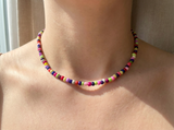 Handmade Multicolor Candy Beaded Choker, Vibrant Rainbow Seed Bead Necklace.