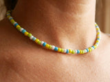 Handmade Lime & Turquoise Beaded Choker, Minimalist Seed Bead Necklace, Summer Surf Jewelry, Dainty Beach Layering Piece for Her