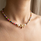 Handmade Starfish Beaded Necklace - Rainbow Beach Choker, Summer Jewelry with Faux Pearls