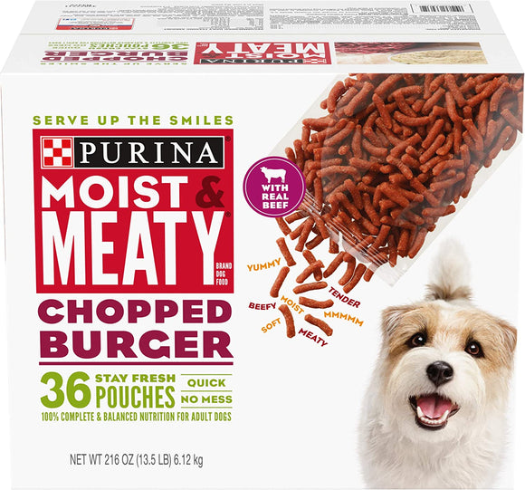 Purina Moist & Meaty Chopped Burger Beef Chunks Dog Food 6oz Pouch, Pack of 36