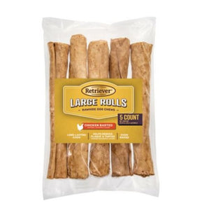 Retriever Large Rolls 10" Natural Chicken Basted Rawhide Dog Chew Treats 5 Count