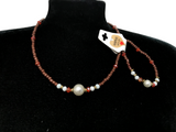 Handmade Faux Pearl Beaded Necklace and Bracelet Set, Earthy Terracotta & White Jewelry, Elegant Boho Chic Set with 5cm Extension Chain