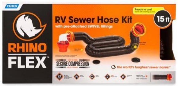 Camco 39761 RhinoFlex Sewer Hose Kit 15ft w/ Swivel Fitting 4-in-1 Elbow Adapter