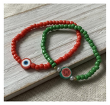 Handmade Red and Teal Green Beaded Bracelets with Candy-like and Watermelon Slice Charms, Teen Jewelry, Novelty Bracelet