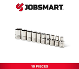 JobSmart JS202406 Chrome Alloy 1/4 Drive SAE Shallow Socket Set, 10-Piece