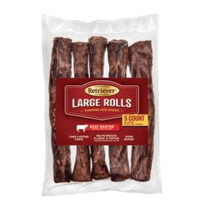 Retriever Large Rolls 10" Natural Beef Basted Rawhide Dog Chew Treats, 5 Count