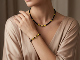 Handmade Starfish Necklace and Bracelet Set Black Faceted Beads with Yellow Accents