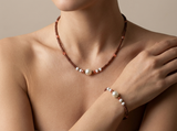 Handmade Faux Pearl Beaded Necklace and Bracelet Set, Earthy Terracotta & White Jewelry, Elegant Boho Chic Set with 5cm Extension Chain