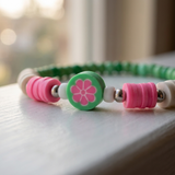 Watermelon Color Clay Bead Bracelet, Pink Green Flower Heishi Bead Jewelry, Preppy Summer Fruit Bracelet Stack