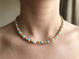 Handmade Citrus Beaded Necklace, Colorful Summer Choker, Y2K Indie Aesthetic Jewelry, Orange Green Blue White Beads