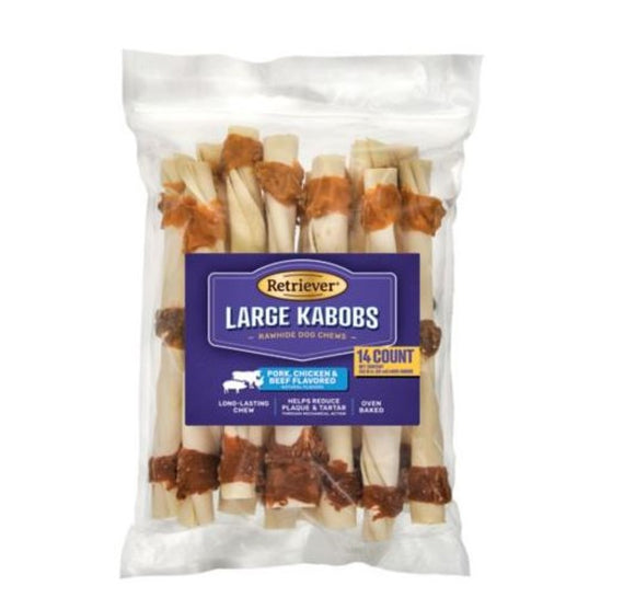 Retriever Large Kabobs Pork Chicken and Beef Rawhide Dog Chew Treats - 14 Count