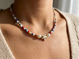 Sirenka Handmade -  Beaded Starfish Necklace, Colorful Summer Beach Choker, Acrylic Bead & Gold Accented Jewelry, Tropical Vacation Gift for Her