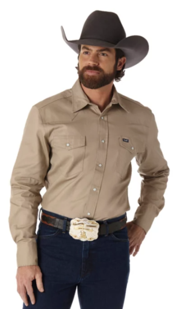 Wrangler MS721SL Men's Cowboy Cut Western Firm Finish Work Shirt Khaki 2XLT