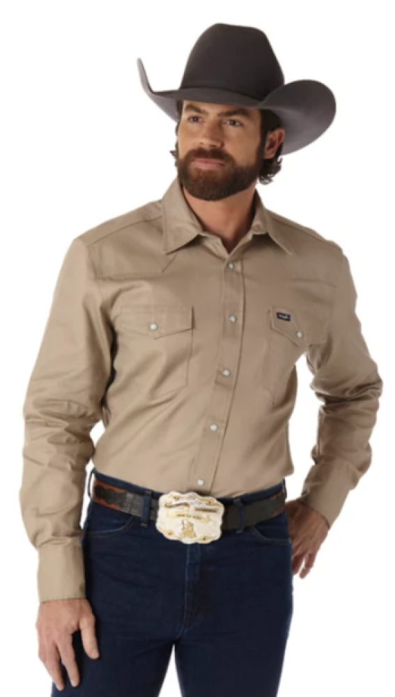 Wrangler MS703KH Men's Cowboy Cut Western Firm Finish Work Shirt, Khaki, XL