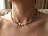 Handmade Starfish Beaded Necklace, Rainbow Beach Choker, Summer Faux Pearl Jewelry for Women, Boho Coastal Aesthetic Accessories