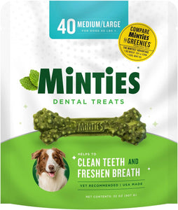 Minties 80065 Dental Bone Treats for Medium/Large Dogs Over 40lbs - 40 Count