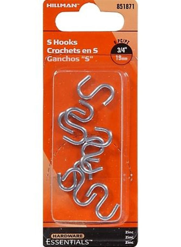 Hillman Hardware Essentials 851871 Zinc Plated S-Hook, 0.092