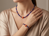 Navy Blue and Orange Starfish Jewelry Set Beaded Necklace and Bracelet Nautical Summer Beach Jewelry Coastal Boho Choker Set