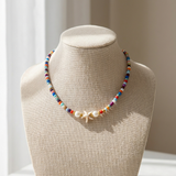Handmade Beaded Necklace -  Multicolor, Starfish Charm and Faux Pearls