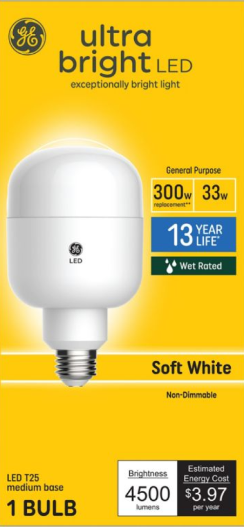GE Ultra Bright LED Light Bulb, 300 Watts Replacement, Soft White, T25 Bulb