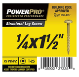 Hillman 47866 Power Pro Star Drive Construction Lag Screw 1/4"-20 x 1-1/2" 75-Pc