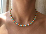 Handmade Citrus Beaded Necklace, Colorful Summer Choker, Y2K Indie Aesthetic Jewelry, Orange Green Blue White Beads