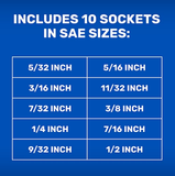JobSmart JS202406 Chrome Alloy 1/4 Drive SAE Shallow Socket Set, 10-Piece