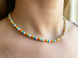 Handmade Citrus Beaded Necklace, Colorful Summer Choker, Y2K Indie Aesthetic Jewelry, Orange Green Blue White Beads