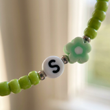 Green Initial Bracelet • Custom Flower Bead Bracelet • Personalized Gift for Her