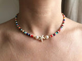 Handmade Starfish Beaded Necklace, Rainbow Beach Choker, Summer Faux Pearl Jewelry for Women, Boho Coastal Aesthetic Accessories