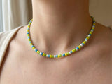 Handmade Lime & Turquoise Beaded Choker, Minimalist Seed Bead Necklace, Summer Surf Jewelry, Dainty Beach Layering Piece for Her