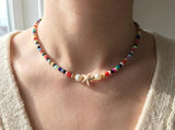 Handmade Starfish Beaded Necklace, Rainbow Beach Choker, Summer Faux Pearl Jewelry for Women, Boho Coastal Aesthetic Accessories