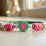 Watermelon Color Clay Bead Bracelet, Pink Green Flower Heishi Bead Jewelry, Preppy Summer Fruit Bracelet Stack