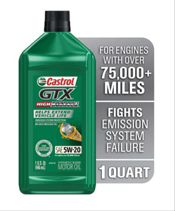 Castrol 15B6E6 GTX High Mileage SAE 5W-20 Motor Oil, 1 qt.