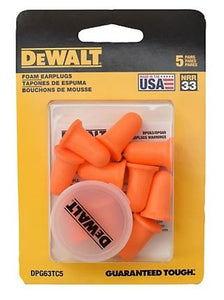 DeWALT DPG63TC5 Foam Ear Plugs Cordless with Case 5 Pair/Pack Orange Large