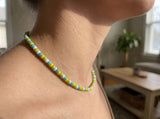 Handmade Lime & Turquoise Beaded Choker, Minimalist Seed Bead Necklace, Summer Surf Jewelry, Dainty Beach Layering Piece for Her