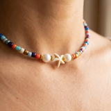 Handmade Beaded Necklace -  Multicolor, Starfish Charm and Faux Pearls