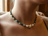 Sirenka Handmade - Starfish Beaded Necklace, Earth Tone Seed Bead Choker, Coastal Boho Jewelry with Faux Pearls