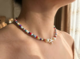 Sirenka Handmade -  Beaded Starfish Necklace, Colorful Summer Beach Choker, Acrylic Bead & Gold Accented Jewelry, Tropical Vacation Gift for Her