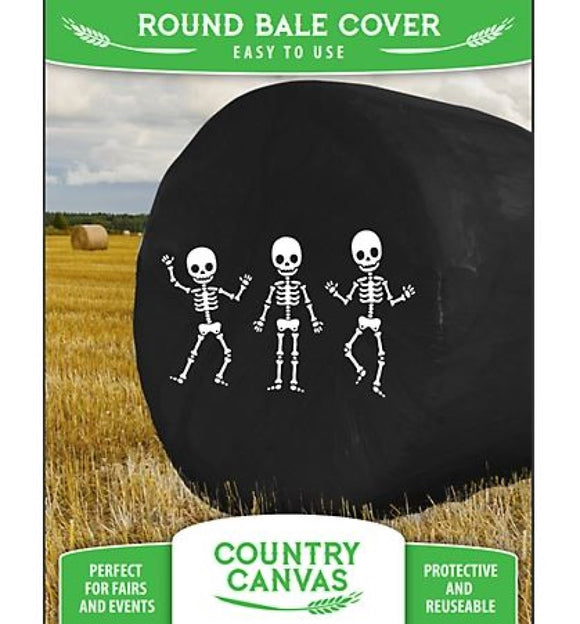 Country Canvas Reuseable Round Halloween Hay Bale Cover, Black with Skeletons