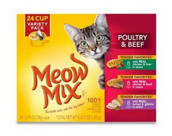 Meow Mix 2927450236 Poultry and Beef 24 Cups Variety Pack 2.75 oz. Wet Cat Food