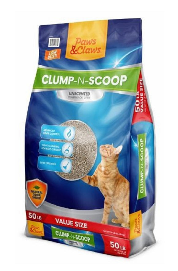 Paws & Claws PAWCLAW-50LB-UNSCN Clump-and-Scoop Clumping 50 lbs. Bag Cat Litter