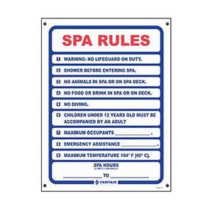 Pentair Rainbow R230300 18" x 24" Spa Rules Pool Sign