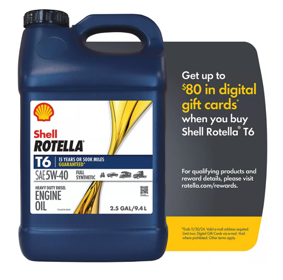 Shell Rotella T6 SAE 5W-40 Full Synthetic Diesel Engine Oil, 2.5 gal.